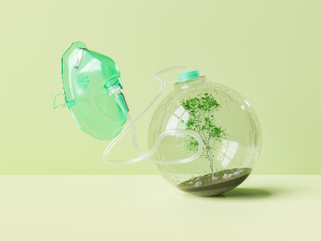3D rendering of gentle plant with soil in transparent round shaped vase with respirator against...