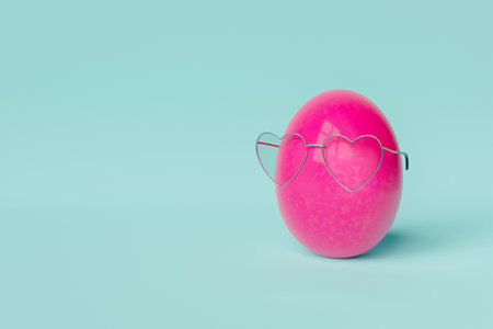 3D rendering of creative hearts shaped eyeglasses in bright painted pink Easter egg against blue...