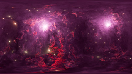 HDRI 3D rendering of bright lightning strike in dramatic cloudy purple sky with glowing stars as abstract backgroundの写真素材