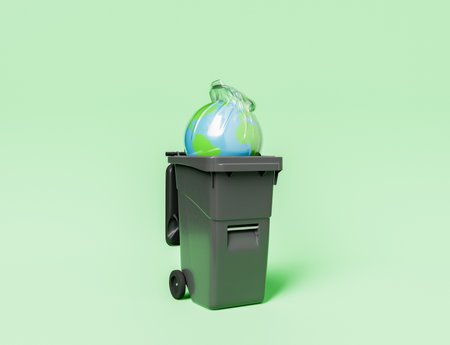 Colorful 3D rendering of modern trash container with globe in plastic package on green backgroundの写真素材