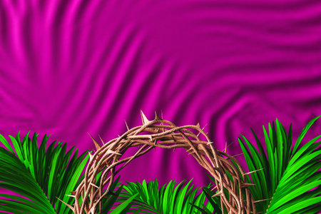 3D rendered illustration of fresh green leaves of exotic plant and crown of thorns placed against crumbled violet backgroundの写真素材