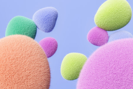3D rendered illustration of multicolored elements of different shapes with fuzzy surface on blue...
