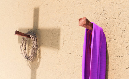 3D rendering of colorful violet robe hanging on nail near crown of thorns with cross shadowの写真素材