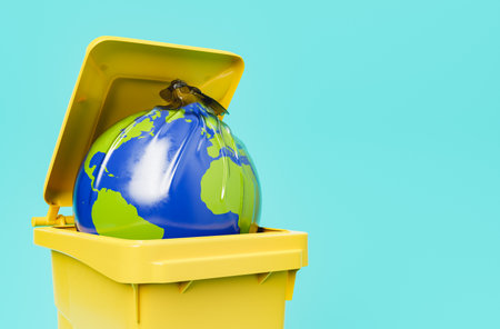 3D rendering of plastic bag with Earth print and bird standing on top in yellow trash container against blue background concept of environmental pollutionの写真素材