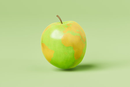 Creative 3D rendering of ripe apple with map ornament against green background in studioの写真素材