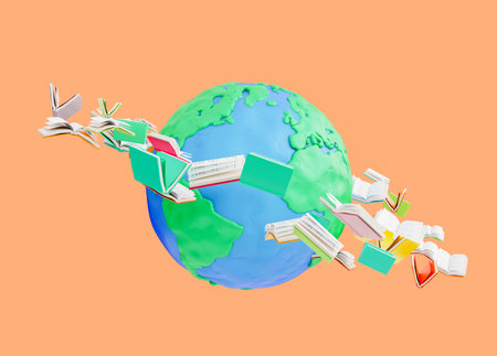 Creative 3D rendering of heap of books win colorful covers flying around Earth against orange...
