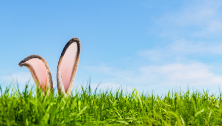 3D rendering of ears of fluffy bunny over green grassy meadow against blue sky during Easter...