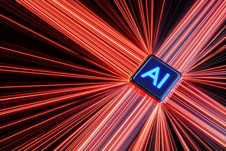 3d rendering of computer microchip with AI letters and bright red circuits against black background