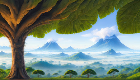 Fantasy landscape with a tree and a mountain in the background. AI generatedの素材