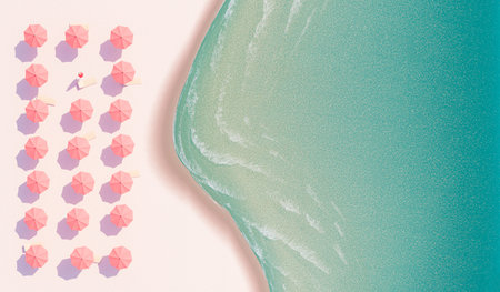 3D rendering of top view of bright pink umbrellas with loungers placed on sandy beach near turquoise...