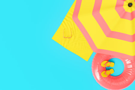 3D render illustration top view of yellow beach umbrella with red inflatable ring flip flops and mat...