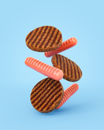 3D render creative illustration of delicious homemade grilled sausages and patties levitating against blue backgroundの写真素材