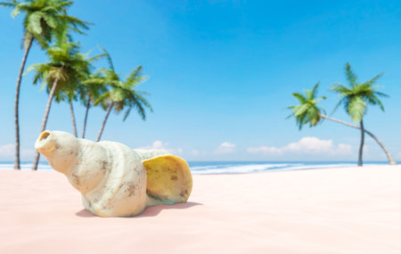 3D render illustration of seashell place on white sandy beach against tropical palms under waving ocean under blue sky on sunny dayの写真素材