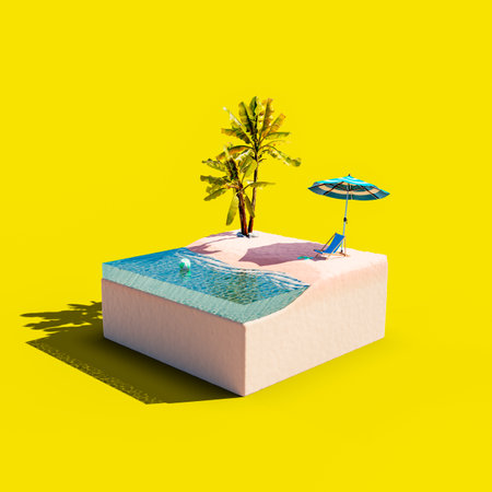 3D rendering image of umbrella and sunbed with green trees placed on beach against sea on cube against yellow backdropの写真素材