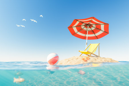Colorful 3d rendering of sandy island with umbrella and lounger surrounded by waving seaの写真素材