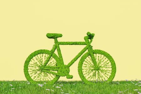 3D rendering of bicycle covered with green grass parked on blooming meadow with gentle chamomiles against yellow backgroundの写真素材