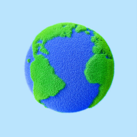 3D rendering of fluffy blue and green Earth globe levitating in light studio