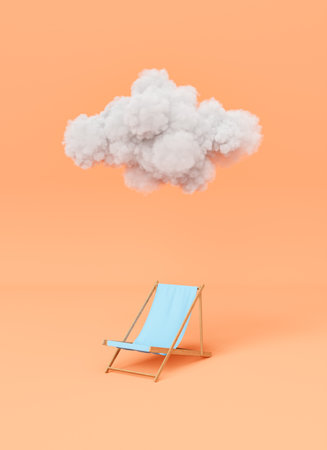 3D rendering of white deckchair under gray fluffy cumulus cloud against orange backgroundの写真素材