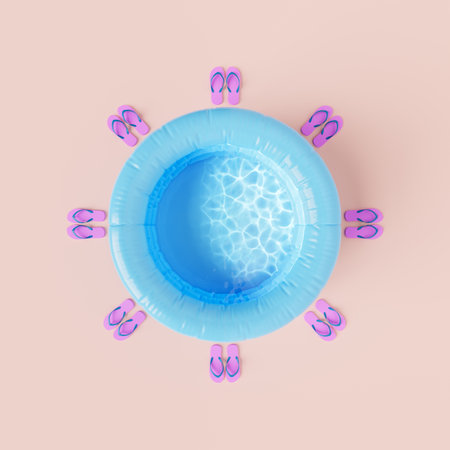 3D rendering of top view of similar flip flops placed near blue round shaped inflatable pool on...