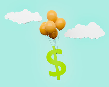 3D rendering of dollar sign tied with heap of balloons flying in cloudy blue skyの写真素材