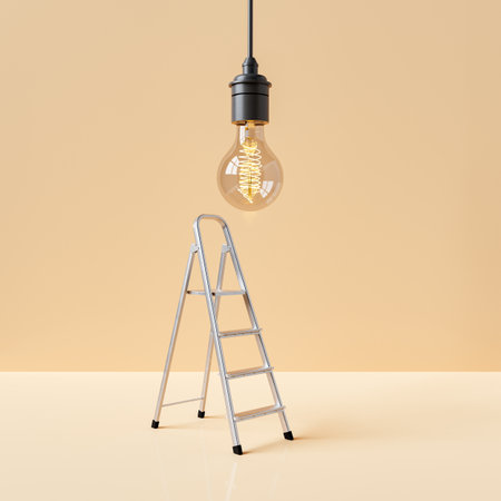 Picturesque 3D rendering image of metal stairs placed under glowing light bulb against yellow background in studioの写真素材