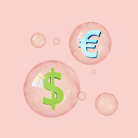 3D rendering image of colorful dollar and euro signs placed in soap bubbles on pink backdropの写真素材