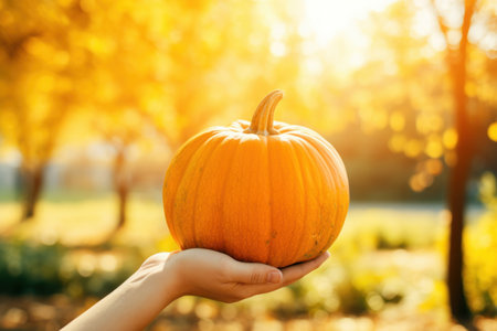 Female hand holding big orange pumpkin in autumn park. Happy Thanksgiving concept.の素材