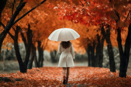 Young woman with umbrella walking in autumn park. Beautiful autumn scenery.の素材