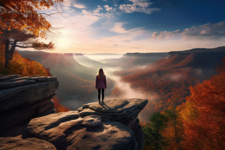 Young woman hiker standing on edge of sandstone cliff and watching over misty and foggy autumn landscapeの素材
