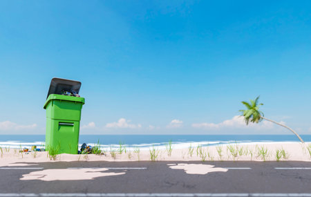 3D rendering of green garbage can placed on sandy beach near sea with foamy waves against bright blue skyの写真素材