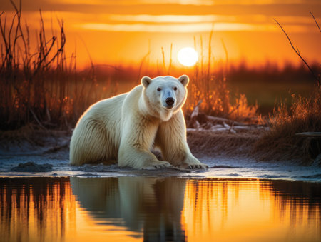 Polar bear in a melting polluted environment at sunset.の素材