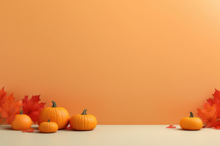 Autumn composition with pumpkins, leaves and space for text on orange backgroundの素材