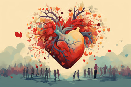 world heart day background with heart tree and crowd of peopleの素材