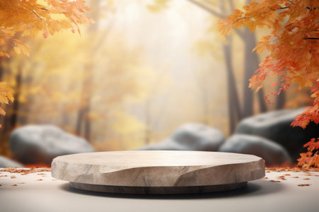 Stone podium in the autumn forest. mock upの素材