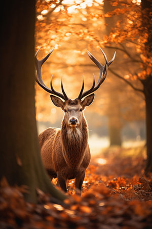 Red Deer (Cervus elaphus) stag in autumn forest.の素材