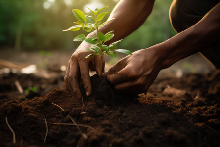 Close up of hands of man planting tree in fertile soil. Earth day concept.の素材