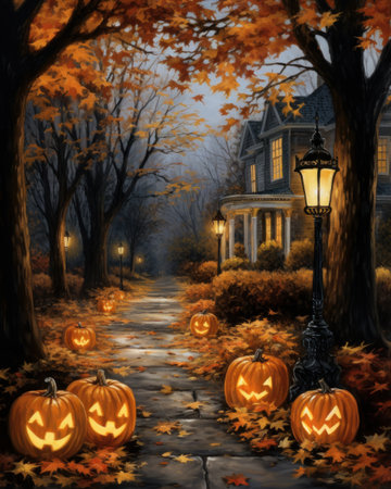 Halloween background with pumpkins and old house in the autumn forestの素材