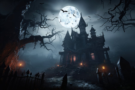Halloween background with haunted house and full moonの素材