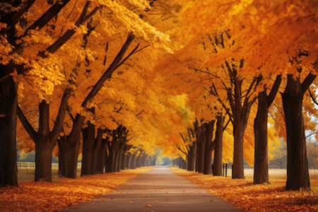 Autumn road in the park with colorful trees and yellow leaves.の素材