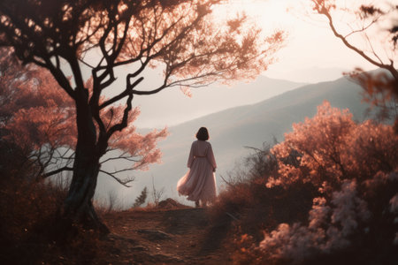 A girl in a long white dress stands on a mountain trail.の素材