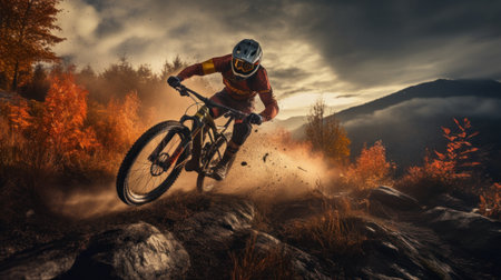 Cyclist Riding the Mountain Bike on the Rocky Trail. Extreme autumn Sport Concept.の素材