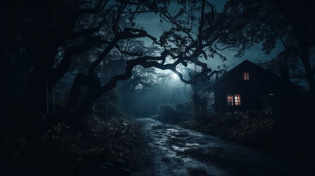 Dark spooky forest with old house and tree. Horror Halloween conceptの素材
