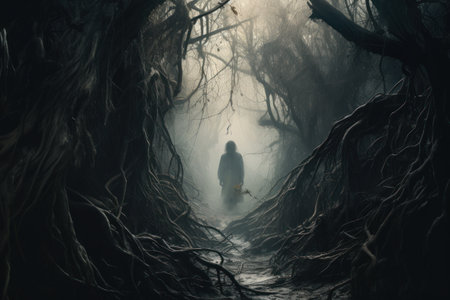 Creepy woman walking in creepy dark forest. Halloween concept.の素材