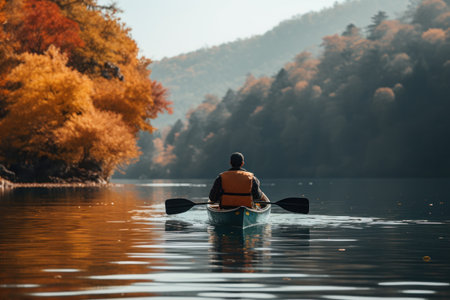 Man in a kayak on a lake in the autumn forest.の素材