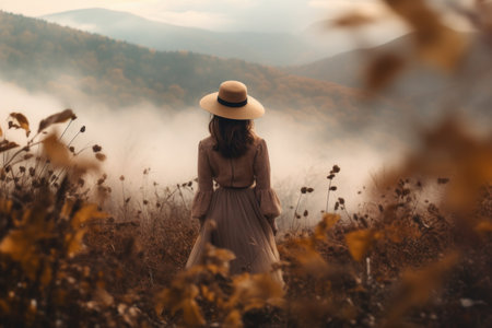 Young woman in hat and dress walking on autumn mountain meadow.の素材