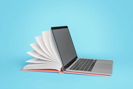 3d rendering of top view of opened laptop with blank screen while placed on notebook bound cover against vivid blue backgroundの写真素材