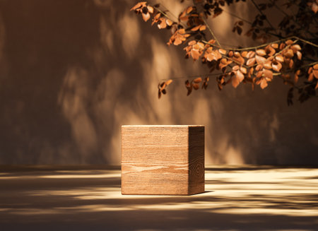 3d rendering of cube shaped wooden side table placed on ground in daylight near tree branch of autumn leaves against brown wall with shadesの写真素材