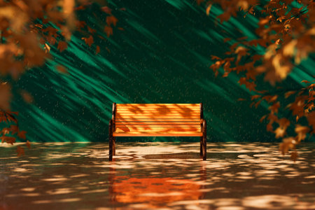 3d rendering of yellow wooden bench reflecting on ground with shades of brown blurred leaves on tree branches in autumn park on sunny day against green wallの写真素材