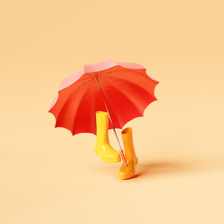 Creative 3D illustration of bright red umbrella placed above walking rubber boots against yellow backdropの写真素材