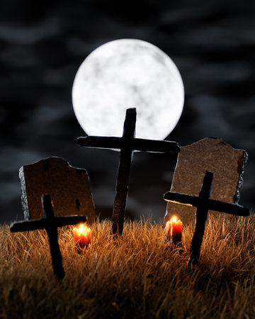 cemetery with gravestones and crosses in a night illuminated by burning candles and the full moon....